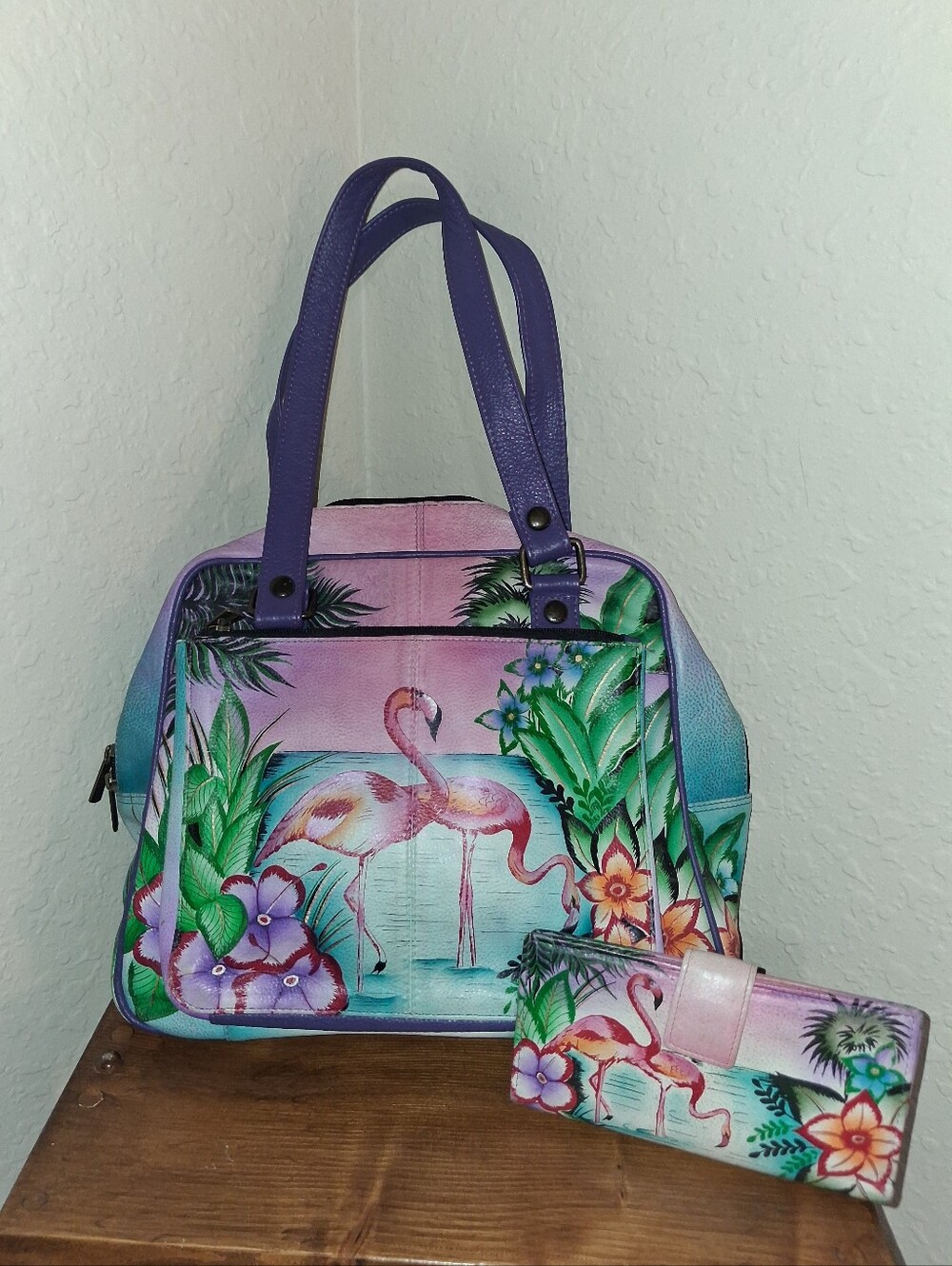 ANUSCHKA FLAMINGO PRINT LEATHER HAND BAG & WALLET